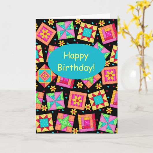 Schwarzes Patchwork Quilt Block Kunstfreude am Geb Karte (Gelbe Blume)