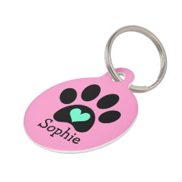 Schwarzes Pawprint mit blauer Herz-Gewohnheit Tiernamensmarke