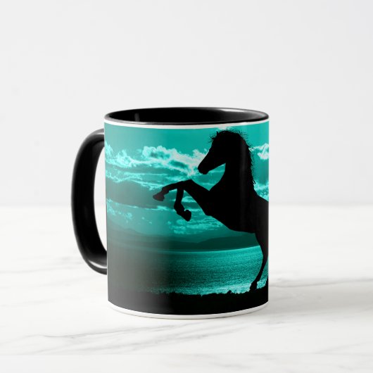 Schwarzes Pferd Aquamariner Himmel und Wasser Tasse (Vorderseite Links)