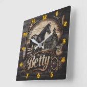 Schwarzes Pferd auf Bauernhof mit dem Namen Betty Quadratische Wanduhr (Winkel)