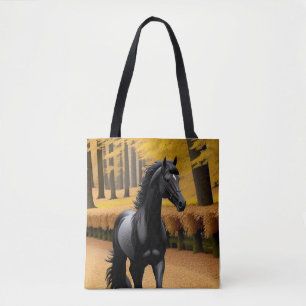 Schwarzes Pferd auf einem landschaftlich reizvolle Tasche