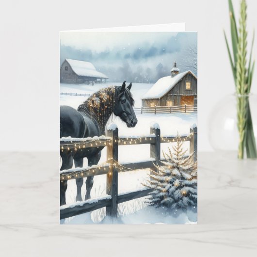 Schwarzes Pferd auf einer Weihnachtsfarm Personali Karte (Vorderseite)