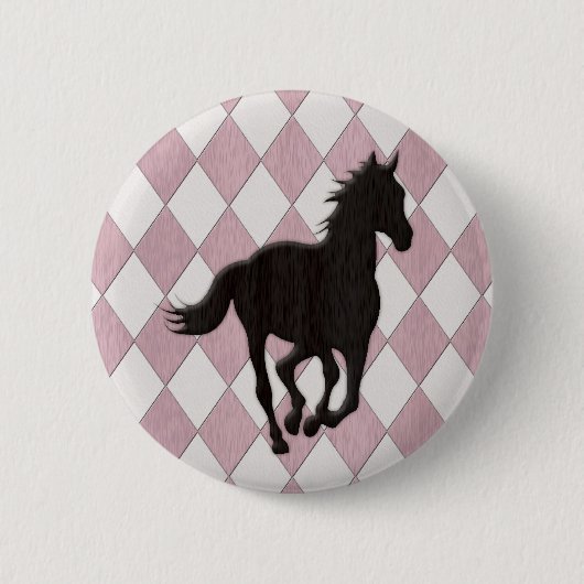 Schwarzes Pferd auf rosa weißem Diamant-Muster Button (Vorderseite)