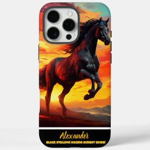 "Schwarzes Pferd bei Sonnenuntergang iPhone 16 Pro Max Hülle