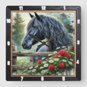 Schwarzes Pferd Blumendekoration Quadratische Wanduhr (Vorderseite)