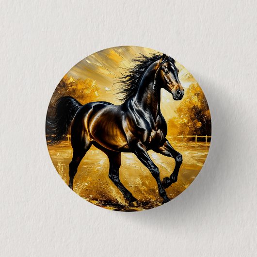 Schwarzes Pferd, das durch das Wasser im goldenen  Button (Vorderseite)