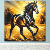 Schwarzes Pferd, das durch das Wasser im goldenen Leinwanddruck (Insitu (Holzboden))