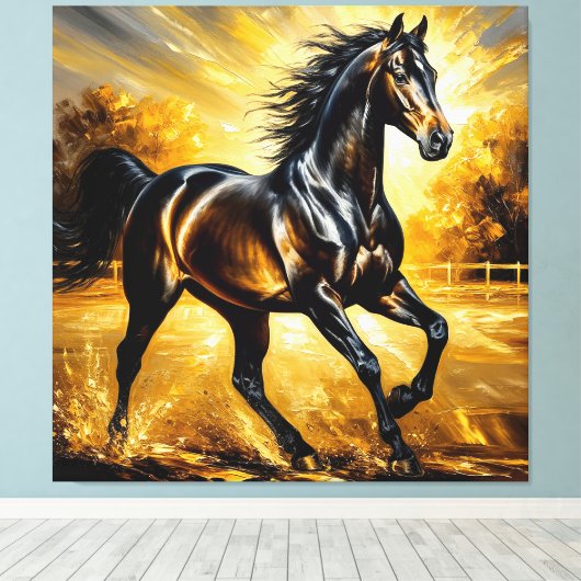 Schwarzes Pferd, das durch das Wasser im goldenen  Leinwanddruck (Insitu (Holzboden))