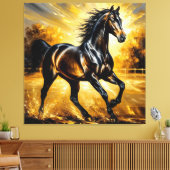 Schwarzes Pferd, das durch das Wasser im goldenen Leinwanddruck (Insitu (Wohnzimmer))