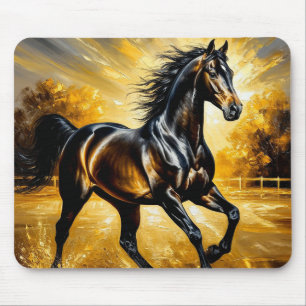 Schwarzes Pferd, das durch das Wasser im goldenen  Mousepad