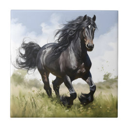 Schwarzes Pferd galoppieren durch Gras Fliese