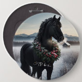 Schwarzes Pferd im Schnee mit Weihnachtskranz Button (Vorne & Hinten)