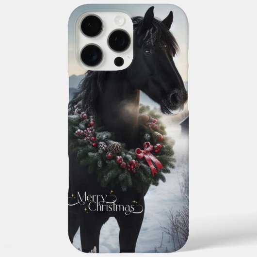 Schwarzes Pferd im Schnee mit Weihnachtskranz Case-Mate iPhone Hülle (Rückseite)