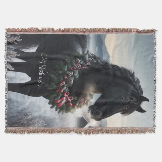 Schwarzes Pferd im Schnee mit Weihnachtskranz Decke (Vorderseite)