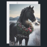 Schwarzes Pferd im Schnee mit Weihnachtskranz Feiertagskarte<br><div class="desc">.</div>