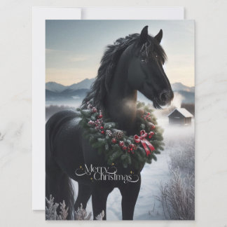 Schwarzes Pferd im Schnee mit Weihnachtskranz Feiertagskarte