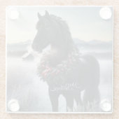 Schwarzes Pferd im Schnee mit Weihnachtskranz Glasuntersetzer (Rückseite)