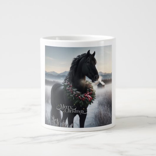 Schwarzes Pferd im Schnee mit Weihnachtskranz Jumbo-Tasse (Vorderseite)