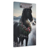 Schwarzes Pferd im Schnee mit Weihnachtskranz Klemmbrett (Rechts)