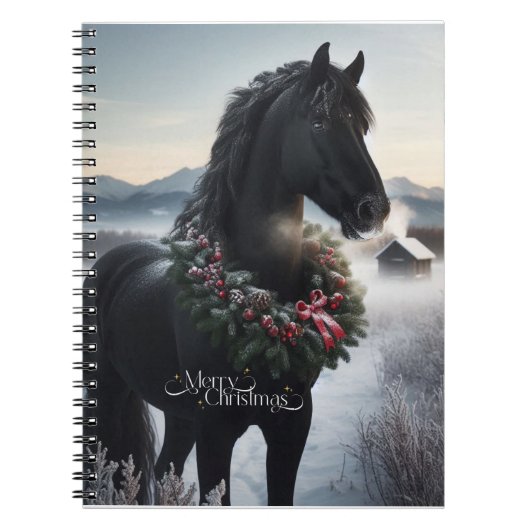 Schwarzes Pferd im Schnee mit Weihnachtskranz Notizblock (Vorderseite)