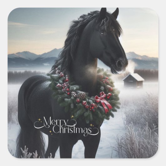 Schwarzes Pferd im Schnee mit Weihnachtskranz Quadratischer Aufkleber (Vorderseite)