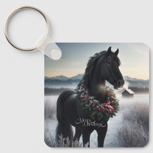 Schwarzes Pferd im Schnee mit Weihnachtskranz Schlüsselanhänger (Vorderseite)