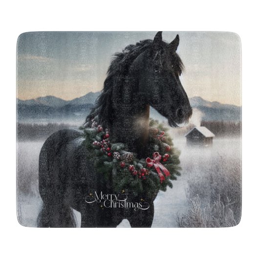Schwarzes Pferd im Schnee mit Weihnachtskranz Schneidebrett (Vorderseite)