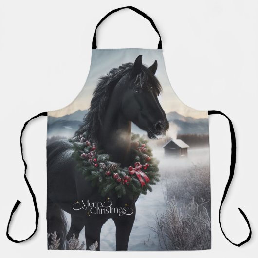 Schwarzes Pferd im Schnee mit Weihnachtskranz Schürze (Vorderseite)