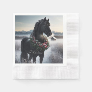 Schwarzes Pferd im Schnee mit Weihnachtskranz Serviette