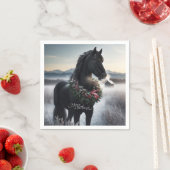 Schwarzes Pferd im Schnee mit Weihnachtskranz Serviette (Beispiel)