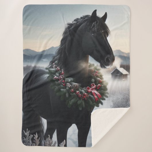 Schwarzes Pferd im Schnee mit Weihnachtskranz Sherpadecke (Vorderseite)