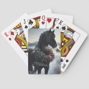 Schwarzes Pferd im Schnee mit Weihnachtskranz Spielkarten
