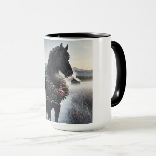 Schwarzes Pferd im Schnee mit Weihnachtskranz Tasse (VorderseiteRechts)