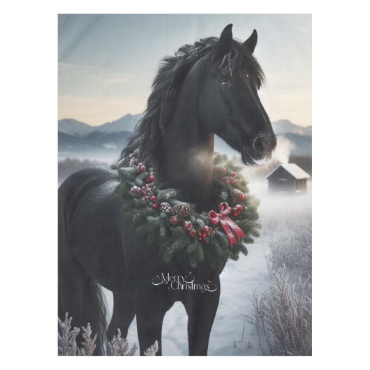 Schwarzes Pferd im Schnee mit Weihnachtskranz Tischdecke (Vorderseite)