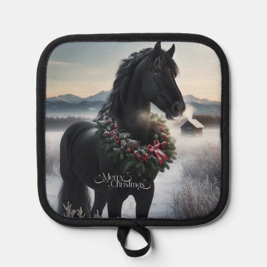Schwarzes Pferd im Schnee mit Weihnachtskranz Topflappen (Vorderseite)