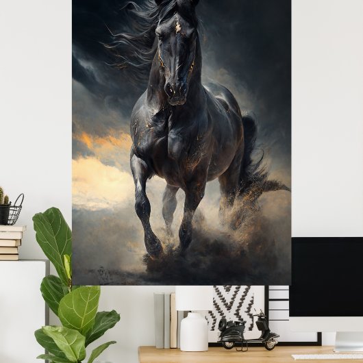 Schwarzes Pferd im Sturm Gemälde Poster (Heimbüro)