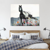 Schwarzes Pferd in Wildblumen Leinwanddruck (Insitu (Schlafzimmer))