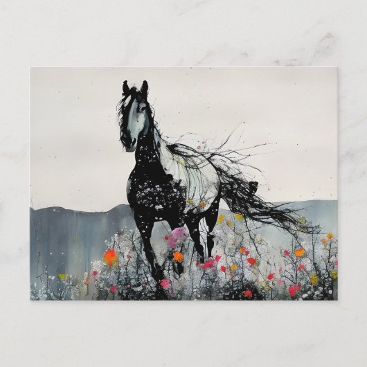 Schwarzes Pferd in Wildblumen Postkarte (Vorderseite)