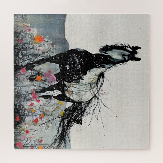 Schwarzes Pferd in Wildblumen Puzzle (Horizontal)