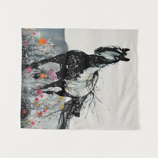 Schwarzes Pferd in Wildblumen Wandteppich (Vorderseite (Horizontal))