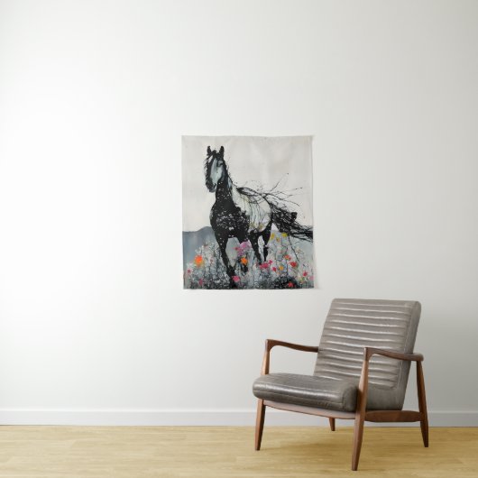 Schwarzes Pferd in Wildblumen Wandteppich (Beispiel)