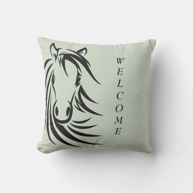 Schwarzes Pferd Kopf Grün Kissen (Vorderseite)