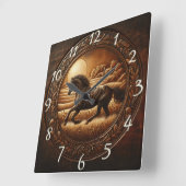 Schwarzes Pferd läuft bei Sonnenuntergang durch Fe Quadratische Wanduhr (Winkel)