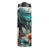 Schwarzes Pferd mit Aquamarinen Blume Thermosbecher (Vorderseite)