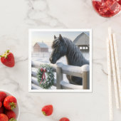 Schwarzes Pferd mit einem schneebedeckten Weihnach Serviette (Beispiel)