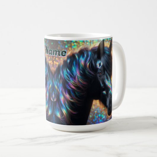 Schwarzes Pferd mit Iridescent Mane Kaffeetasse (VorderseiteRechts)