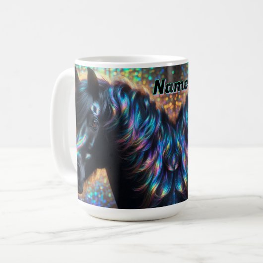 Schwarzes Pferd mit Iridescent Mane Kaffeetasse (Vorderseite Links)
