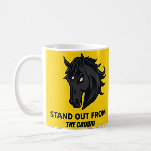Schwarzes Pferd mit Text, das sich von der Masse a Kaffeetasse (Links)