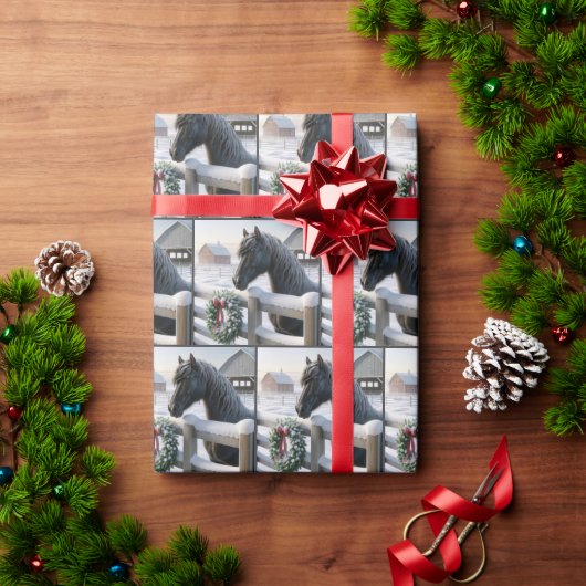 Schwarzes Pferd mit Weihnachtskranz Geschenkpapier (Feiertagsgeschenk)