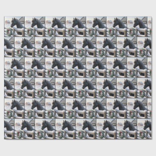 Schwarzes Pferd mit Weihnachtskranz Geschenkpapier (Flach)